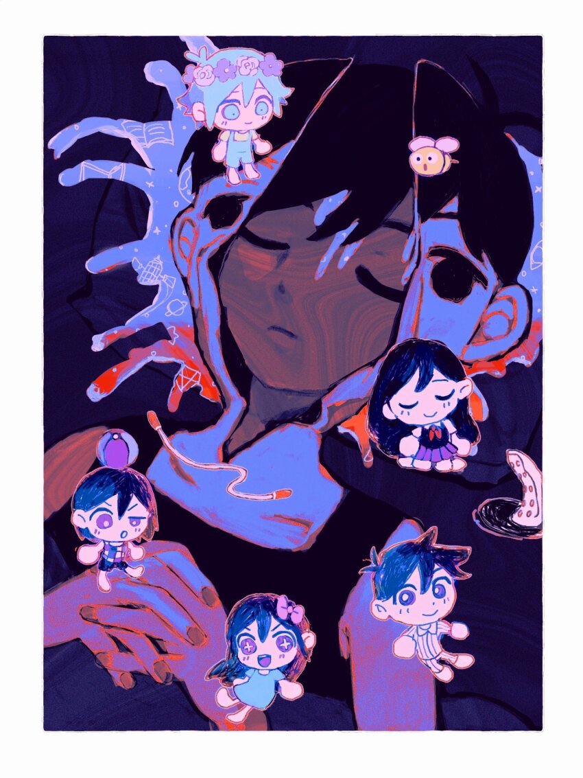 +_+, 2girls, 5boys, abbi_(omori), antenna_hair, aubrey_(headspace)_(omori), aubrey_(omori), ball