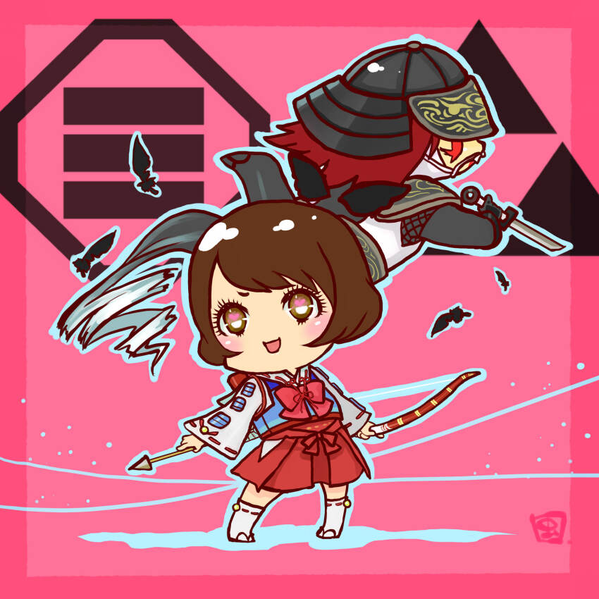 1boy, 1girl, :d, absurdres, armor, blush, bow, bow_(weapon)