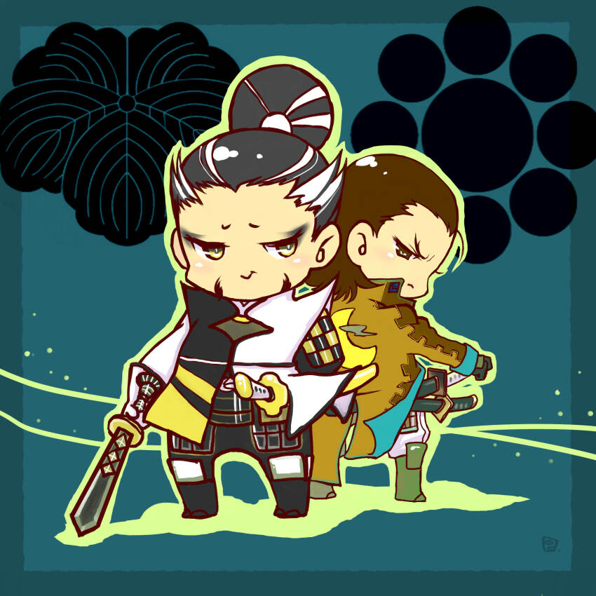 2boys, absurdres, aqua_background, back-to-back, black_hair, brown_coat, brown_eyes, brown_hair