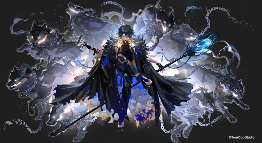 1boy, alchemy_stars, black_coat, black_gloves, black_hair, black_pants, buckle, chain