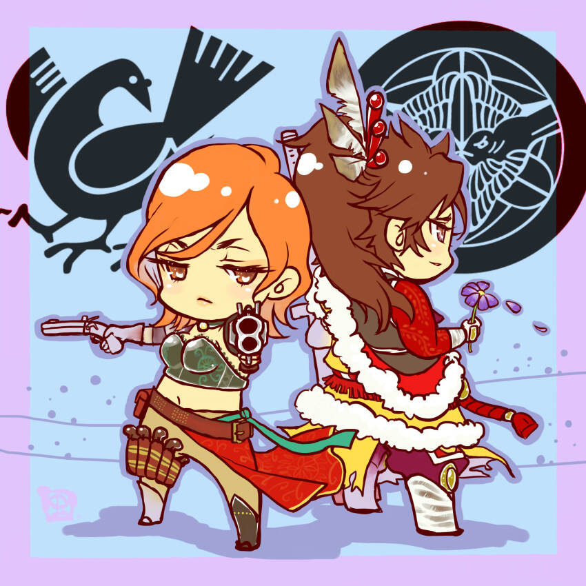 1boy, 1girl, absurdres, back-to-back, belt, blue_background, border, brown_eyes