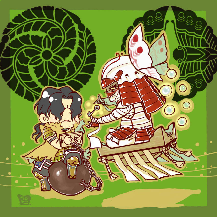 2boys, absurdres, armor, ball_and_chain_restraint, bandaged_arm, bandaged_hand, bandaged_head, bandages