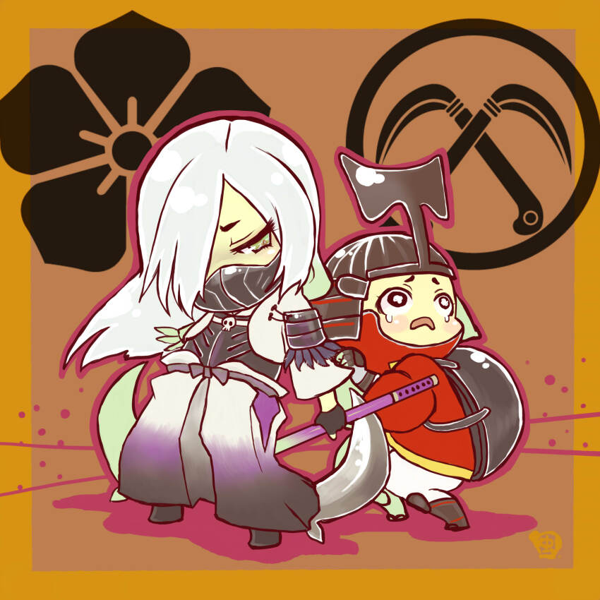 2boys, absurdres, akechi_mitsuhide_(sengoku_basara), armor, black_mask, border, brown_background, chibi