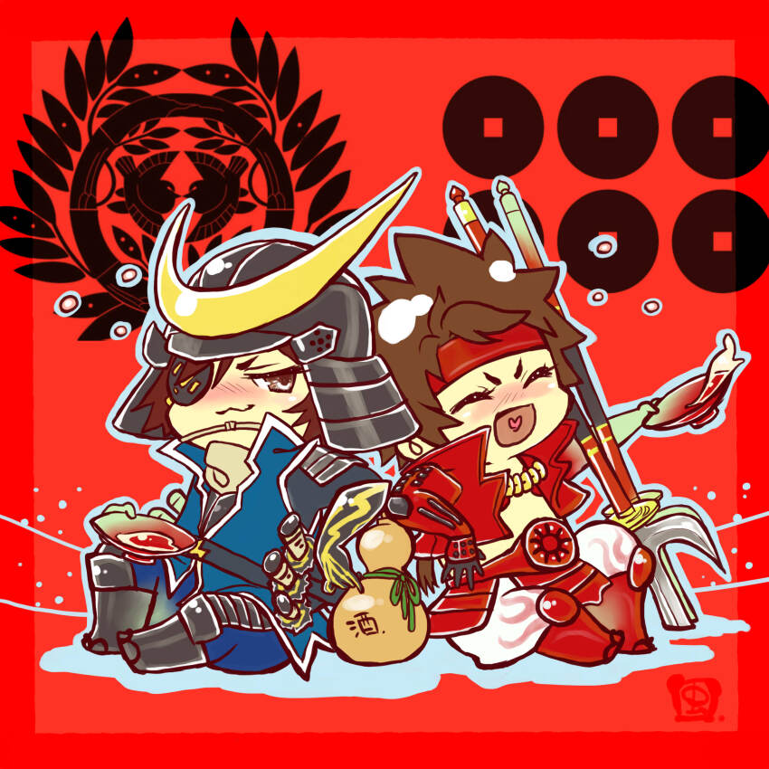 2boys, :3, absurdres, alcohol, armor, black_gloves, blue_pants, blush, brown_eyes, brown_hair, chibi, chibi_only, cropped_jacket, cup, date_masamune_(sengoku_basara), drunk, eyepatch, gloves, gourd, headband, heart, heart_in_mouth, helmet, highres, jacket, japanese_armor, jewelry, kabuto_(helmet), long_hair, looking_at_another, male_focus, multiple_boys, mushimegane333, necklace, no_shirt, pants, polearm, red_background, red_headband, red_jacket, sakazuki, sake, sanada_clan_(emblem), sanada_yukimura_(sengoku_basara), sengoku_basara, short_hair, sitting, smirk, spear, weapon, white_pants