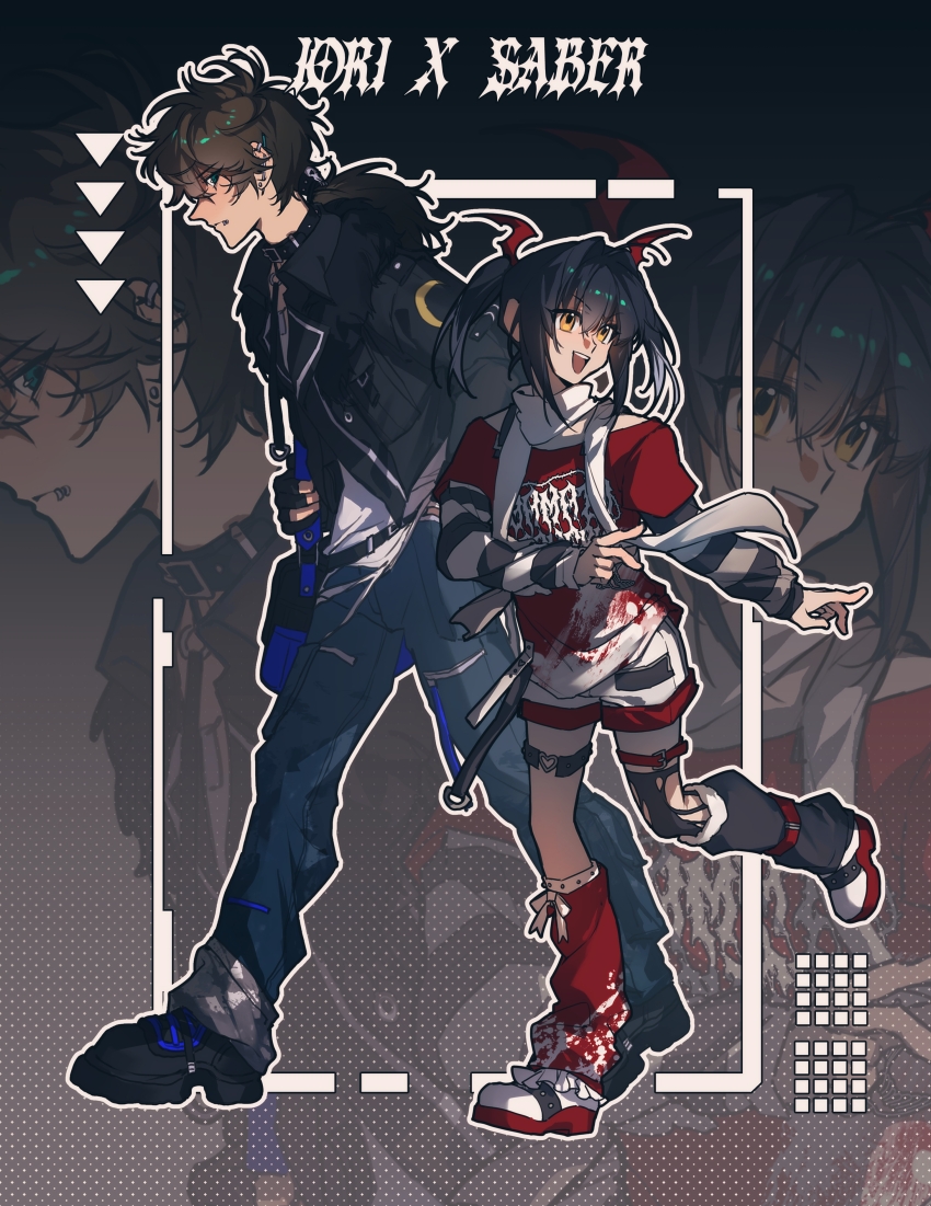 1boy, 1other, absurdres, aizendai, androgynous, bag, barbell_piercing, black_hair