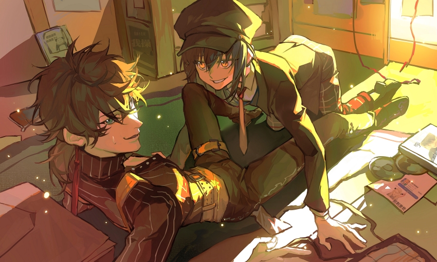 1boy, 1other, absurdres, aizendai, all_fours, androgynous, black_hair, black_jacket, newsboy_cap, chinese_commentary, collared_shirt, commentary_request, fate/grand_order, fate/samurai_remnant, fate_(series), grin, hat, hetero, highres, indoors, jacket, long_sleeves, low_ponytail, miyamoto_iori_(fate), miyamoto_iori_(phantasmal_dress)_(fate), necktie, official_alternate_costume, official_alternate_hairstyle, open_mouth, other_with_male, pants, pinstripe_pattern, pinstripe_shirt, plaid_clothes, plaid_pants, ponytail, shirt, smile, striped_clothes, striped_shirt, sweatdrop, vertical-striped_clothes, vertical-striped_shirt, white_shirt, yamato_takeru_(fate), yamato_takeru_(phantasmal_dress)_(fate), yamato_takeru_(second_ascension)_(fate)