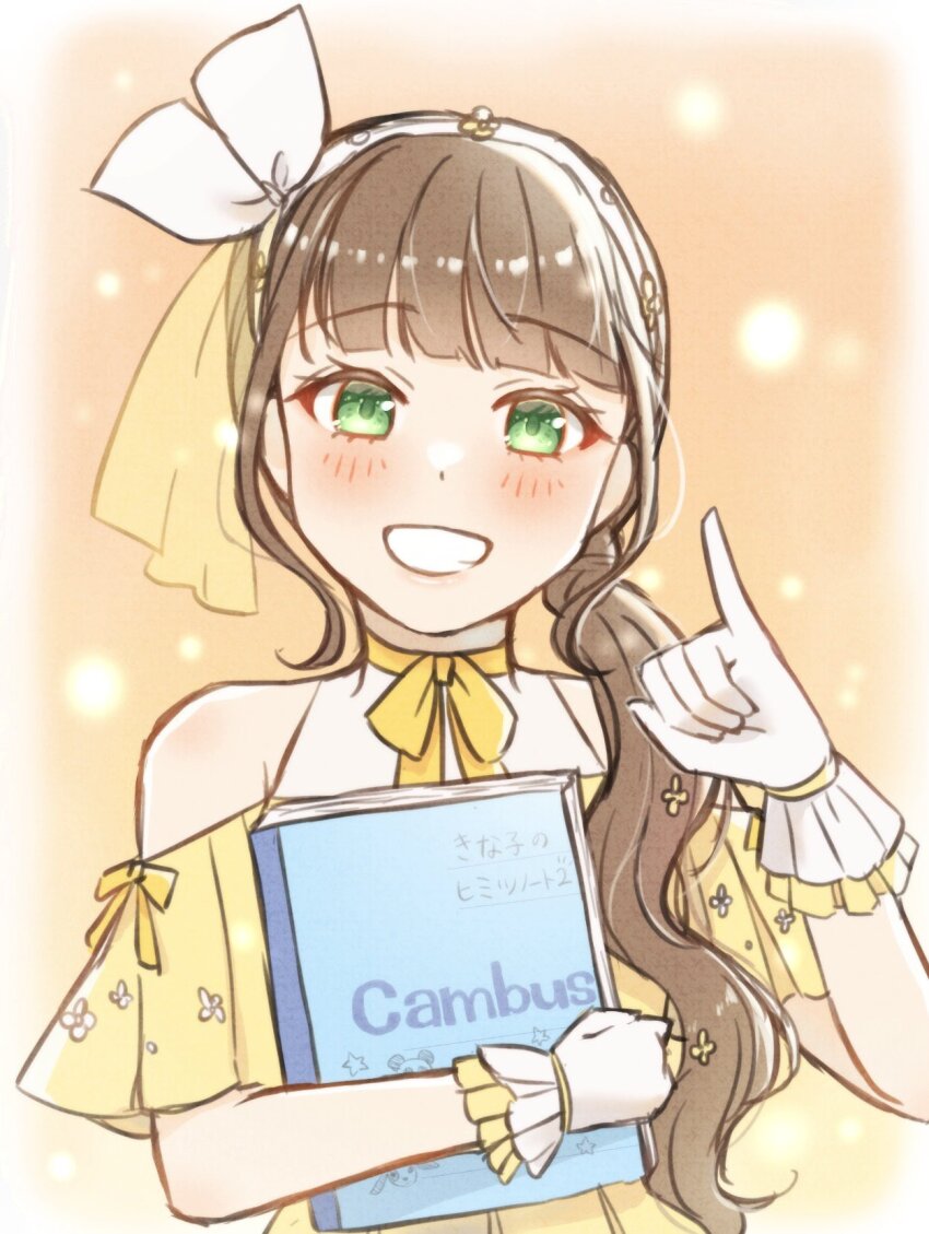 1girl, aoi_madoka, blunt_bangs, blush, bow, bow_hairband, brand_name_imitation, brown_hair