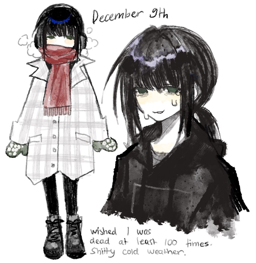 1girl, black_eyes, black_footwear, black_hoodie, black_pants, blunt_bangs, blush, breasts