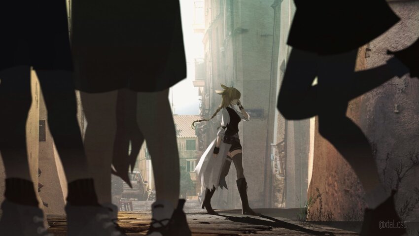 1girl, animal_ears, arknights, black_vest, braid, car, crack, cracked_wall, head_out_of_frame, highres, kroos_(arknights), long_hair, long_sleeves, motor_vehicle, outdoors, shadow, shirt, shorts, socks, tail, talking_on_phone, thighhighs, twitter_username, vest, white_shirt, xtal