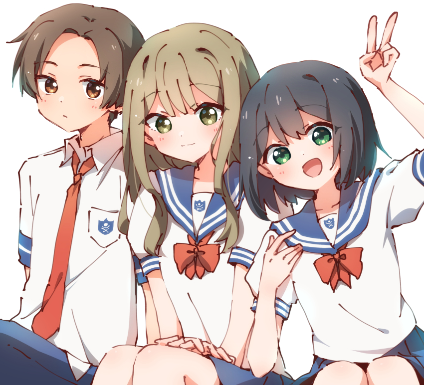 1girl, 2girls, absurdres, aoi_saki_(senpai_wa_otokonoko), black_hair, blue_sailor_collar, blue_skirt, blush