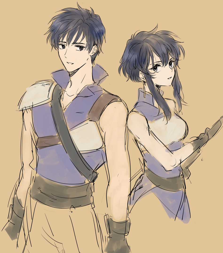 1boy, 1girl, armor, belt, biceps, black_belt, black_gloves, black_hair