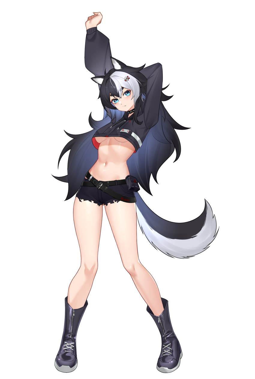 1girl, absurdres, animal_ears, arm_behind_head, belt, black_footwear, black_hair, black_jacket