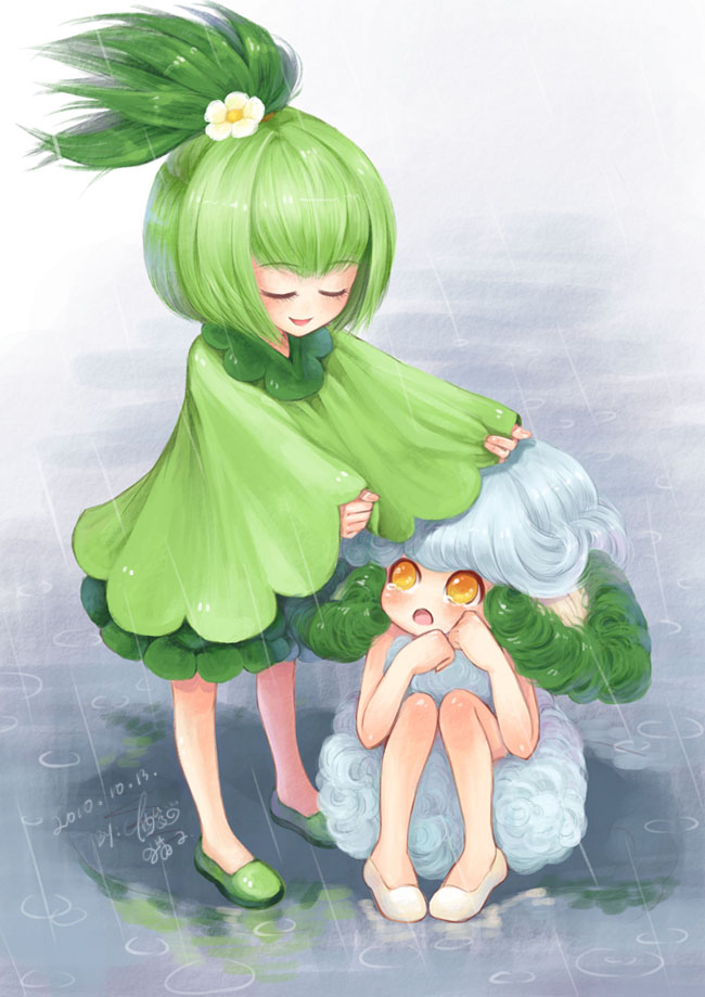 10s, 2girls, cloak, closed_eyes, cottonee, curly_hair, flower, gen_5_pokemon