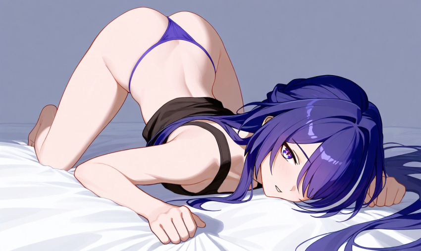 1girl, acheron_(honkai:_star_rail), alternate_costume, ass, back, bare_shoulders, crop_top, dimples_of_venus, hair_over_one_eye, hair_spread_out, honkai:_star_rail, honkai_(series), long_hair, looking_at_viewer, mihoyo, on_bed, prickly-chan_(ycactussprout), purple_eyes, purple_hair, thighs, thong, top-down_bottom-up