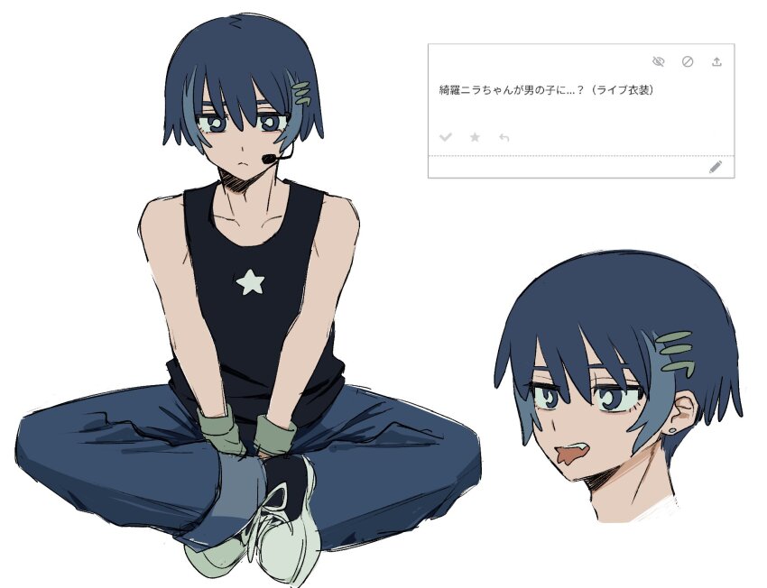 1boy, black_footwear, black_tank_top, blue_eyes, blue_hair, blue_pants, ear_piercing, fang