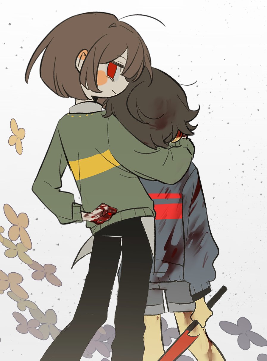 2others, ahoge, black_pants, blood, blood_on_clothes, blood_on_hands, blue_shorts, blue_sweater