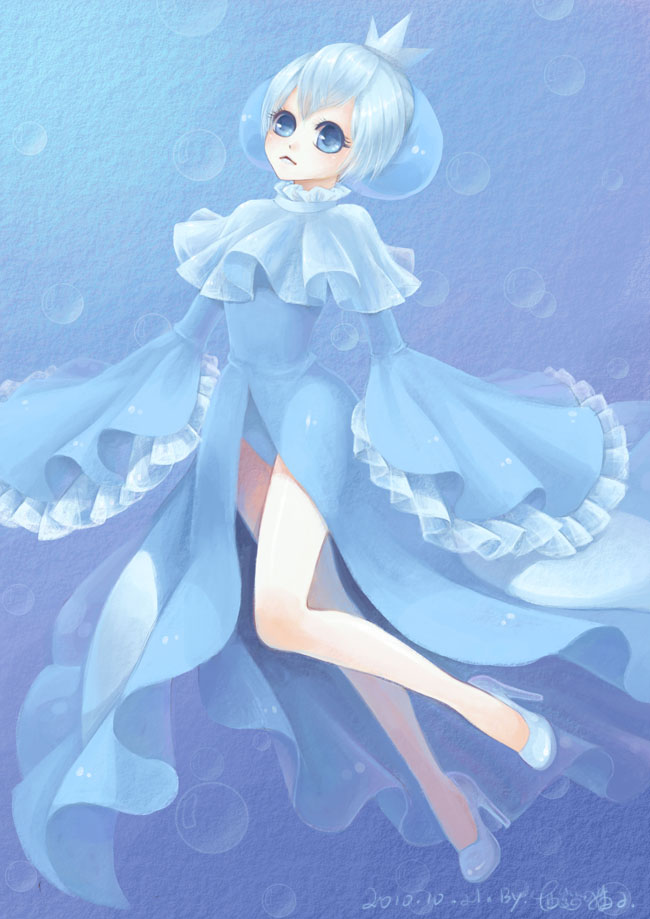 10s, 1boy, bare_legs, blue_eyes, blue_hair, bubble, capelet, crown