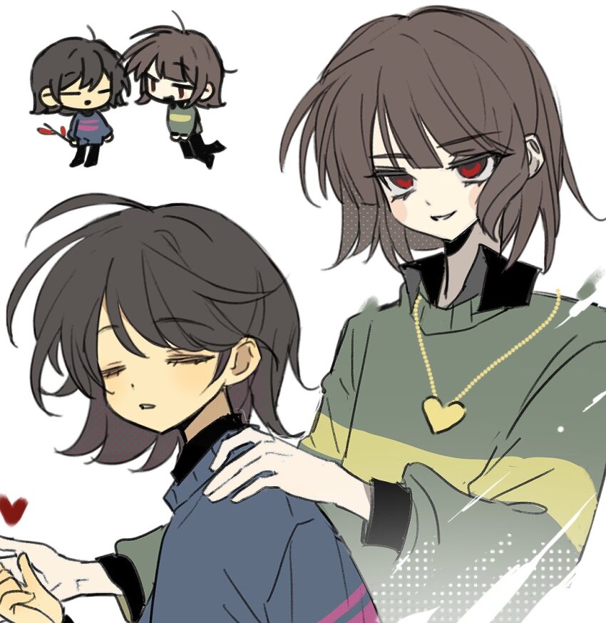 2others, ahoge, blue_sweater, brown_hair, chara_(undertale), chibi, chibi_inset, chinese_commentary, closed_eyes, collared_shirt, commentary_request, frisk_(undertale), green_sweater, grin, hand_on_another's_shoulder, heart, heart_necklace, jewelry, long_sleeves, multiple_others, necklace, nuobeiyhengaoxingrenshini, other_focus, parted_lips, pink_sweater, puffy_long_sleeves, puffy_sleeves, red_eyes, shirt, simple_background, smile, striped_clothes, striped_sweater, sweater, two-tone_sweater, undertale, upper_body, utdr_(toby_fox), white_background, yellow_sweater