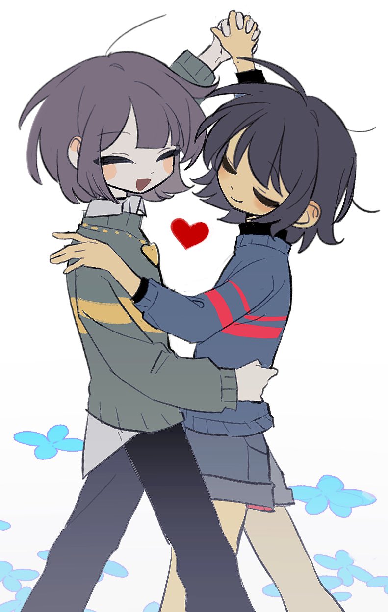 2others, :d, \||/, ^_^, ahoge, black_hair, black_pants, blue_flower