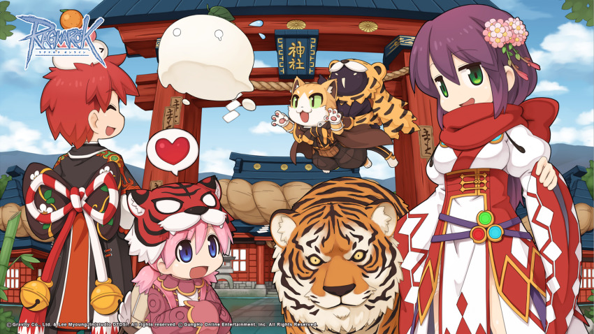 2boys, 3girls, :3, animal_ears, architecture, bamboo, barefoot, bell