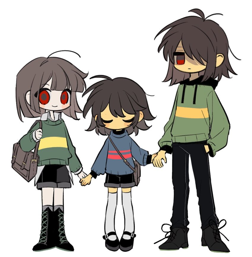 3others, age_difference, ahoge, antenna_hair, bag, black_footwear, black_hood, black_pants