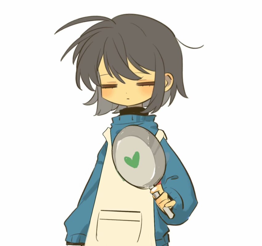 1other, ahoge, apron, arm_at_side, bandaid, bandaid_on_face, bandaid_on_nose, blue_sweater