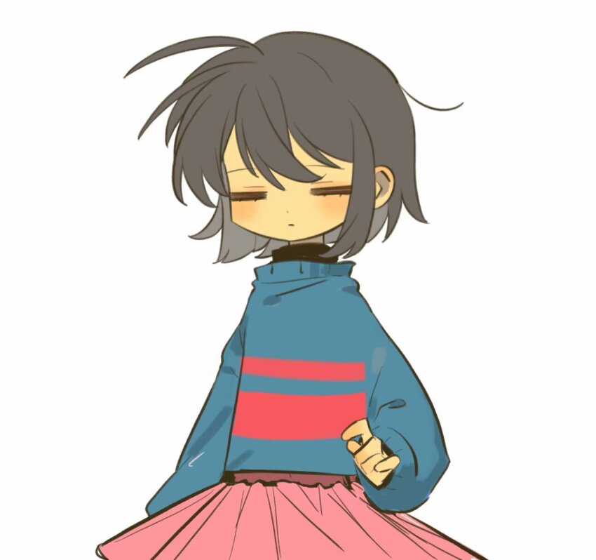 1other, ahoge, arm_at_side, bandaid, bandaid_on_face, bandaid_on_nose, blue_sweater, bob_cut