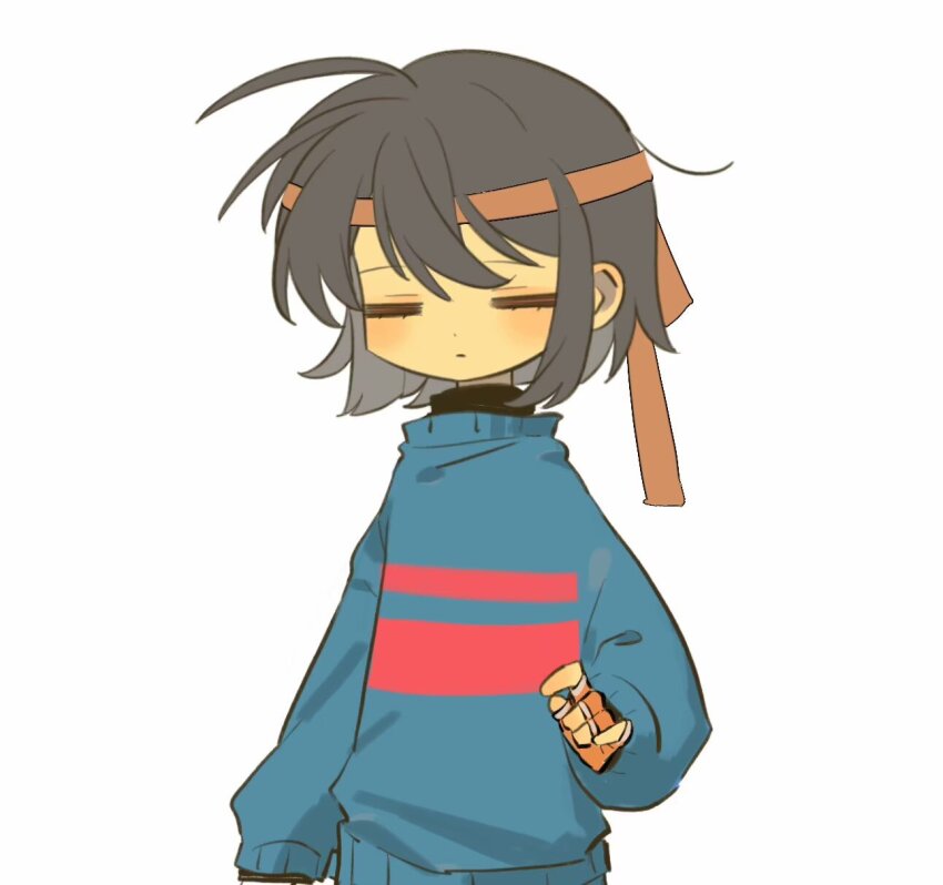 1other, ahoge, arm_at_side, bandaid, bandaid_on_face, bandaid_on_nose, blue_sweater, bob_cut, bravery_(undertale), bravery_(undertale)_(cosplay), brown_hair, chinese_commentary, closed_eyes, closed_mouth, commentary_request, cosplay, dot_nose, fingerless_gloves, frisk_(undertale), gloves, headband, highres, long_sleeves, nuobeiyhengaoxingrenshini, orange_gloves, orange_headband, other_focus, pink_sweater, puffy_long_sleeves, puffy_sleeves, short_hair, simple_background, solo, striped_clothes, striped_sweater, sweater, two-tone_sweater, undertale, upper_body, utdr_(toby_fox), white_background
