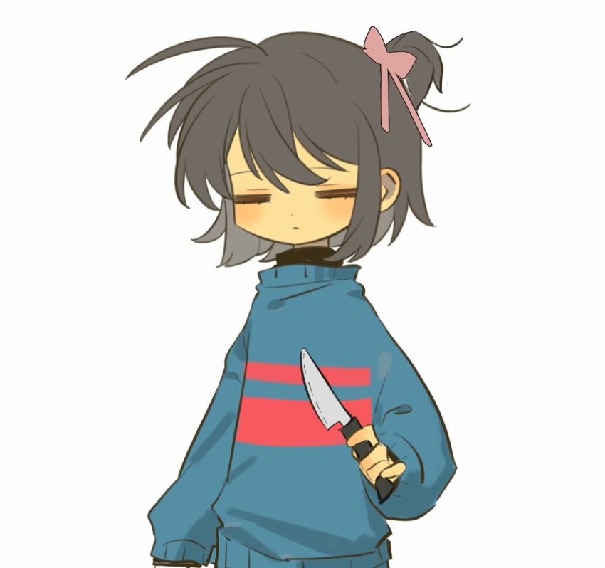 1other, ahoge, arm_at_side, bandaid, bandaid_on_face, bandaid_on_nose, blue_sweater, bow