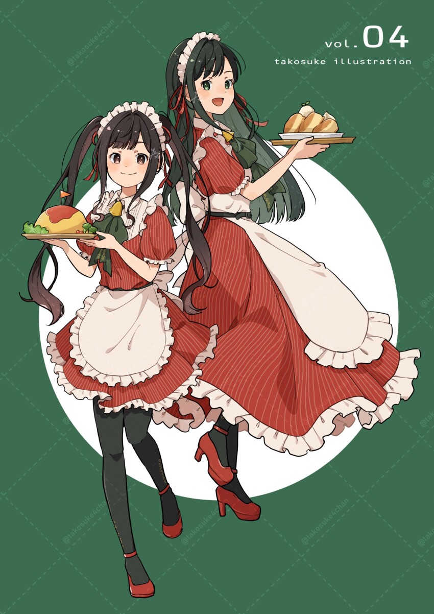 2girls, :d, apron, artist_name, back_bow, belt, black_belt, black_hair