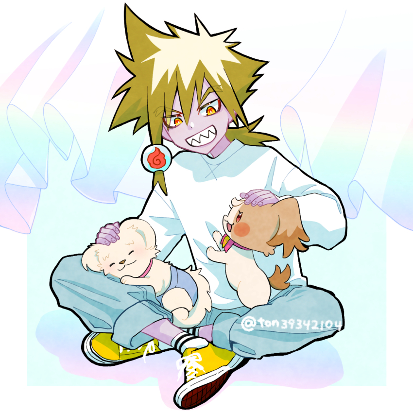 1boy, 1girl, blonde_hair, blue_pants, blush_stickers, bow, bowtie, colored_skin, demon_boy, dog, fuku_(wonderful_precure!), inukai_komugi, inukai_komugi_(dog), long_sleeves, open_mouth, orange_eyes, pants, pink_bow, pink_bowtie, precure, purple_skin, red_eyes, shirt, shoes, short_hair, socks, ton_(ton39342104), torame_(precure), twitter_username, white_shirt, white_socks, wonderful_precure!, yellow_shoes