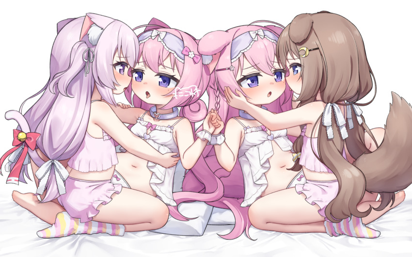 4girls, animal_ear_fluff, animal_ears, artist_name, azur_lane, babydoll, bell, bloomers