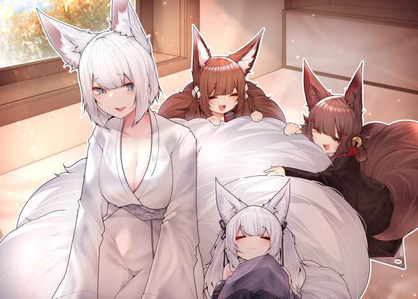4girls, :d, absurdres, akagi-chan_(azur_lane), amagi-chan_(azur_lane), animal_ears, azur_lane, bell