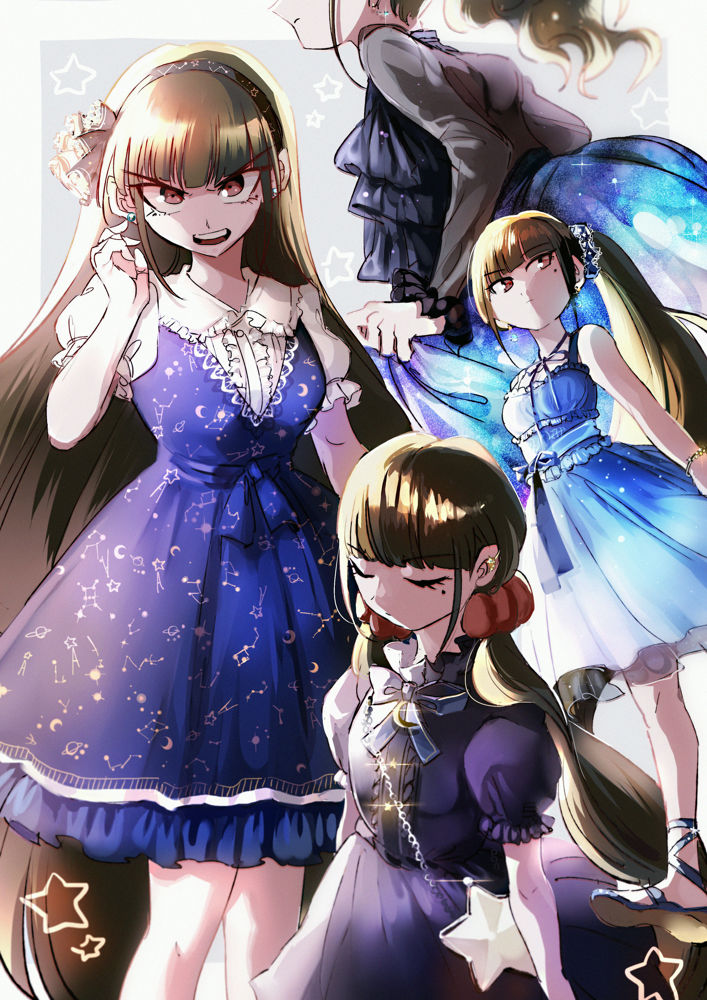 1girl, black_hairband, blue_dress, blunt_bangs, border, bracelet, breasts, brown_hair