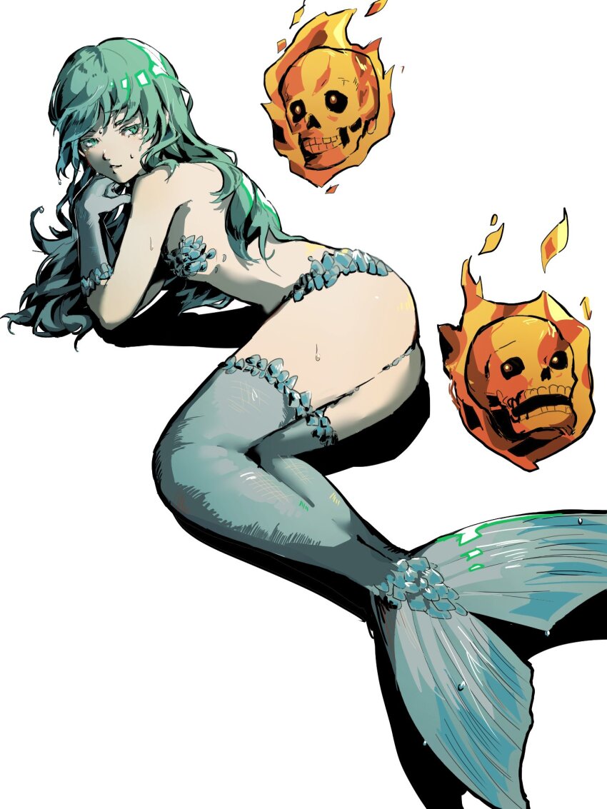 1girl, 4me3ba_niku, ass, commentary_request, demon_(megami_tensei), fire, flaming_skull, floating_skull