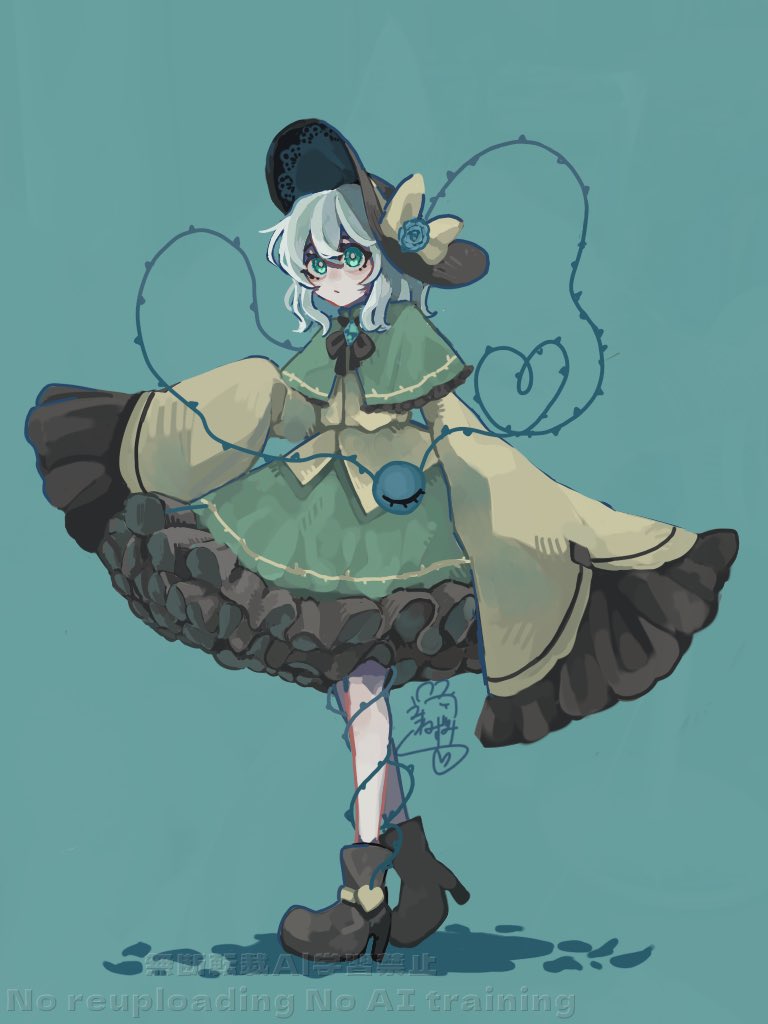 1girl, aqua_background, aqua_eyes, black_boots, black_bow, black_bowtie, black_hat, blue_background, blue_flower, blue_rose, boots, bow, bowtie, cape, capelet, closed_mouth, flower, frilled_capelet, frilled_skirt, frilled_sleeves, frills, full_body, green_cape, hair_bow, hat, hat_flower, komeiji_koishi, looking_at_viewer, medium_hair, namako232, rose, simple_background, skirt, solo, third_eye, thorns, touhou, white_hair, yellow_bow
