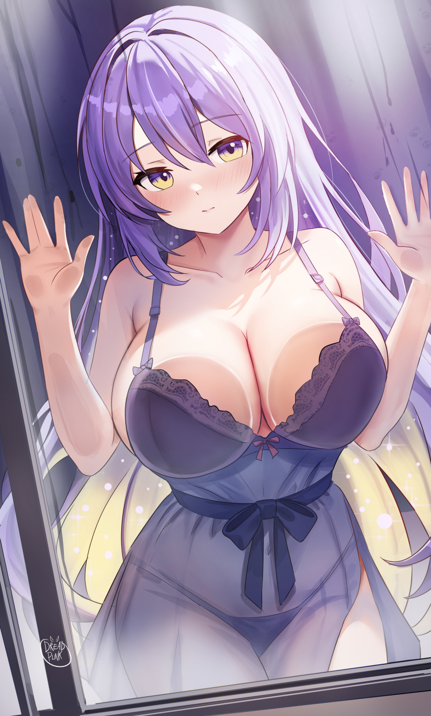 1girl, absurdres, against_glass, bare_shoulders, black_negligee, black_nightgown, black_panties, breast_press, breasts, collarbone, dreadpunk, highres, hololive, hololive_indonesia, large_breasts, long_hair, looking_at_viewer, moona_hoshinova, nightgown, panties, purple_hair, see-through_clothes, see-through_nightgown, underwear, virtual_youtuber