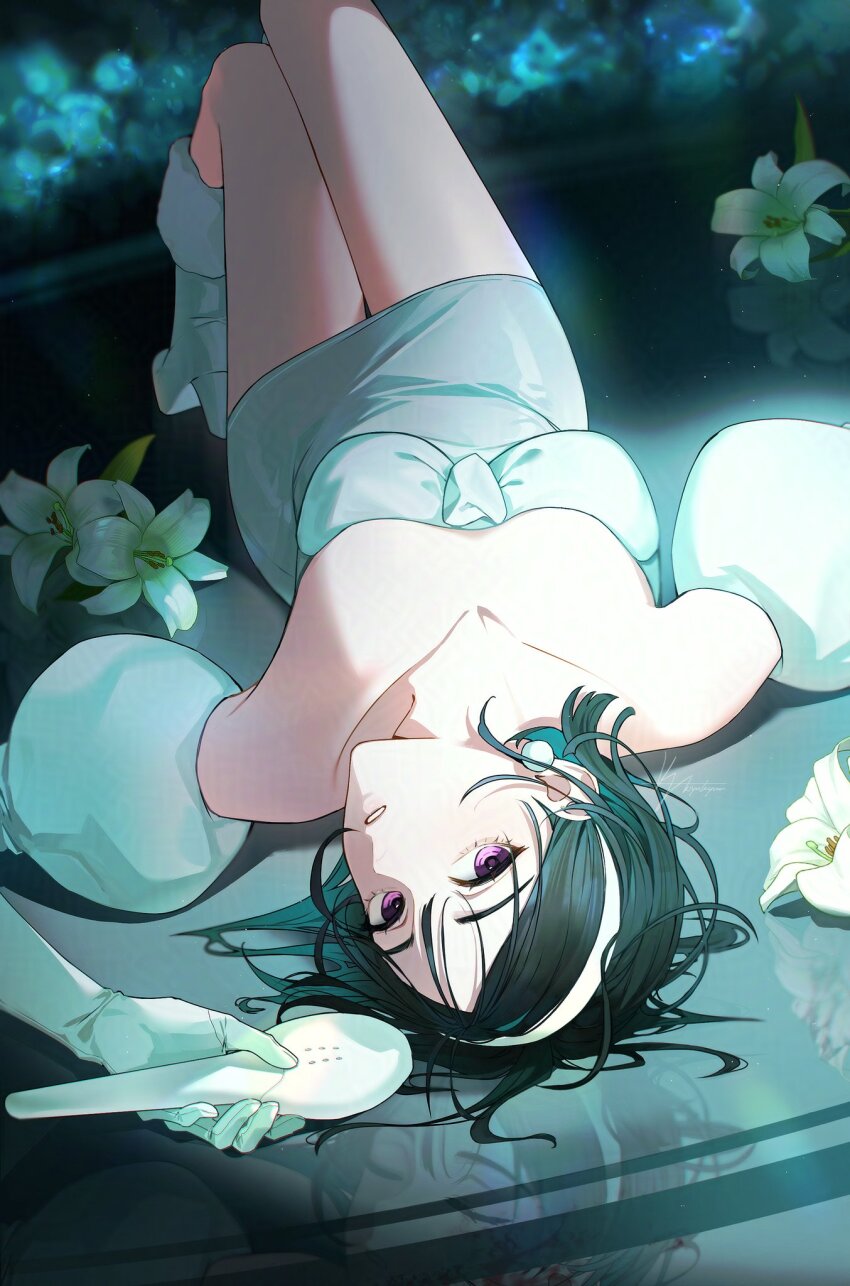 1girl, alien_stage, bare_shoulders, black_hair, commentary, detached_sleeves, dress, earrings