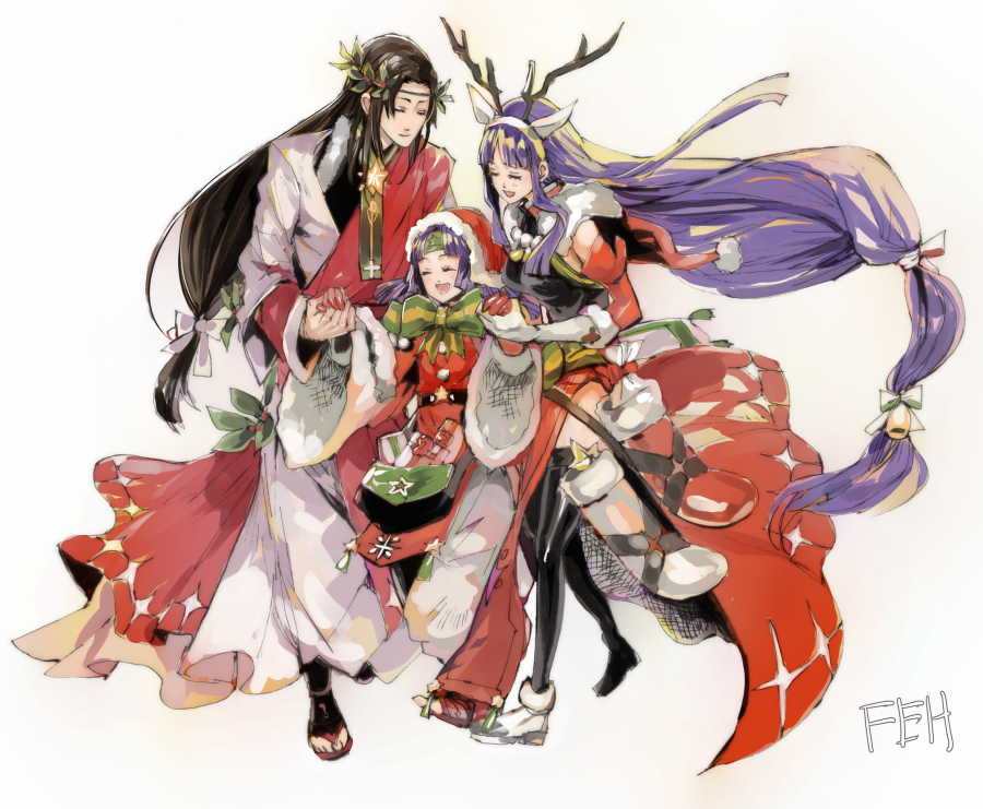 1boy, 2girls, altina_(fire_emblem), altina_(winter)_(fire_emblem), ancestor_and_descendant, animal_ears, antlers, black_hair