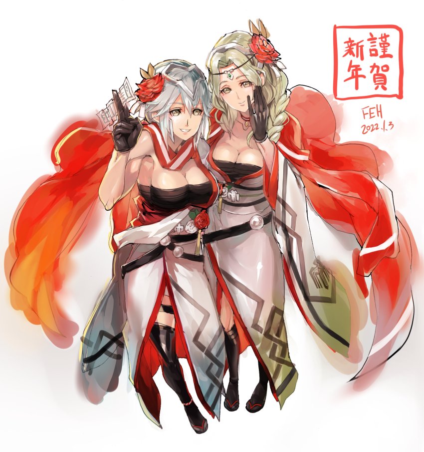 2girls, blue_hair, braid, braided_ponytail, breasts, dagr_(fire_emblem), dagr_(new_year)_(fire_emblem), fire_emblem