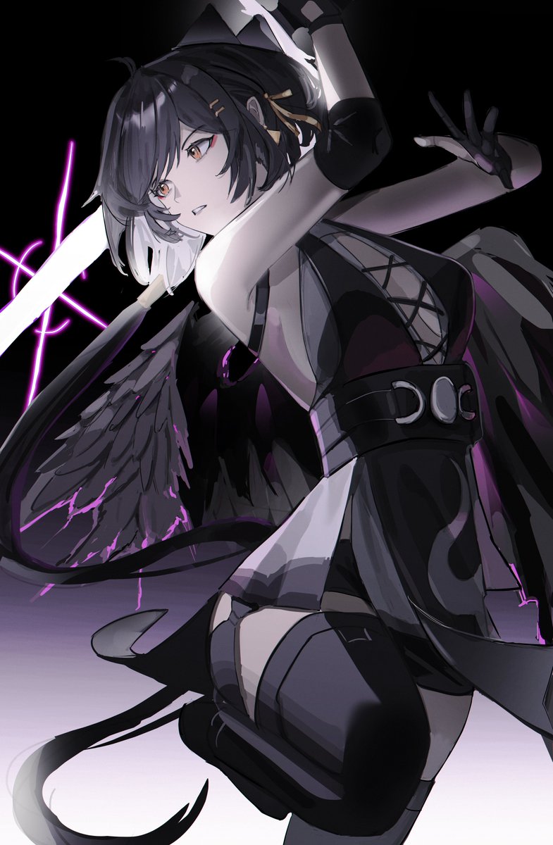 1girl, black_gloves, black_hair, black_shorts, colored_inner_hair, commentary, cross-laced_clothes, cross-laced_dress