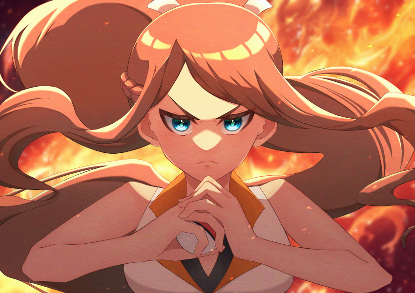 1girl, absurdres, bare_arms, blue_eyes, brown_hair, closed_mouth, commentary_request, fire