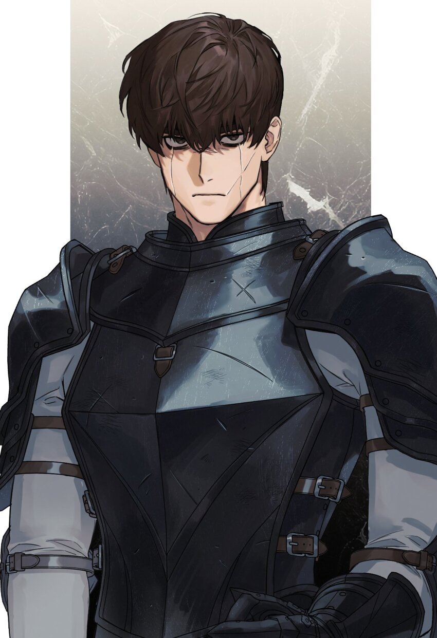 1boy, arm_strap, armor, belt, belt_buckle, black_eyes, breastplate, brown_belt