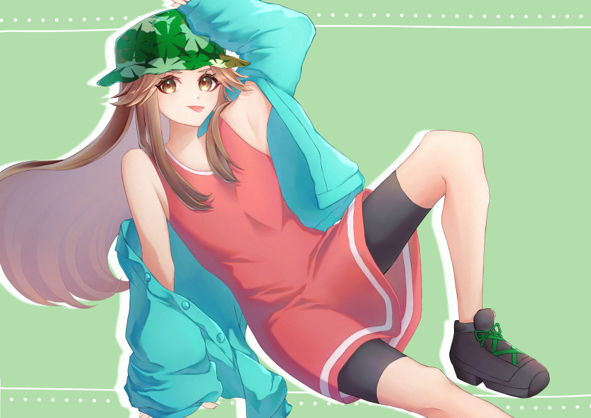 1girl, absurdres, arm_up, bike_shorts, brown_eyes, brown_hair, buttons, commentary_request