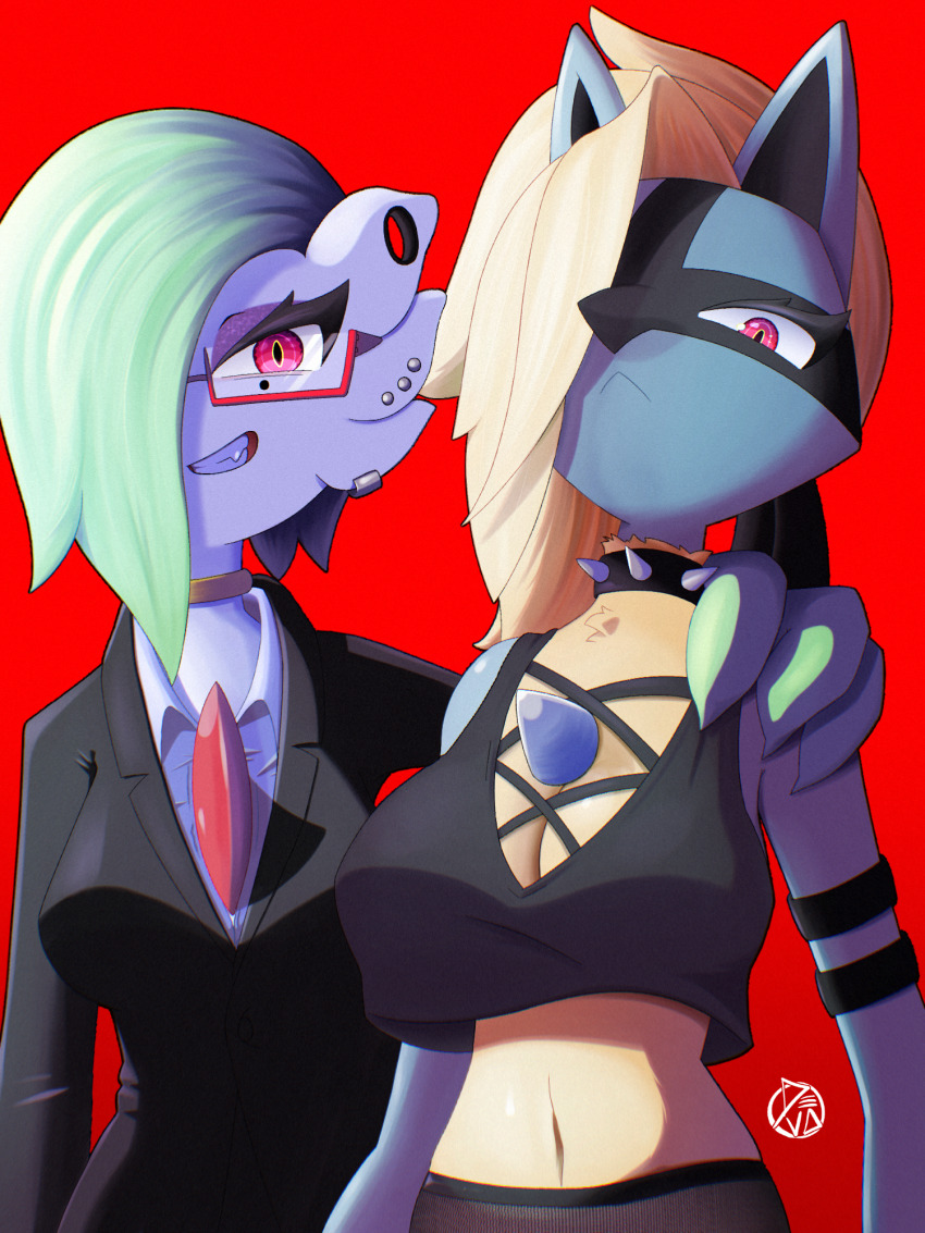 2girls, :<, alternate_hairstyle, animal_ears, arm_around_shoulder, arm_up, armband, artist_name