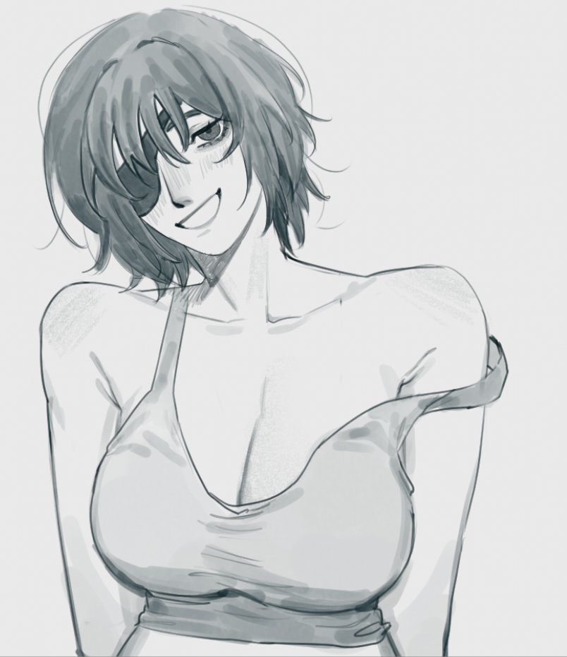 1girl, artukolatte, blush, breasts, chainsaw_man, cleavage, eyepatch, greyscale, grin, himeno_(chainsaw_man), large_breasts, looking_at_viewer, monochrome, short_hair, smile, solo, tank_top, teeth