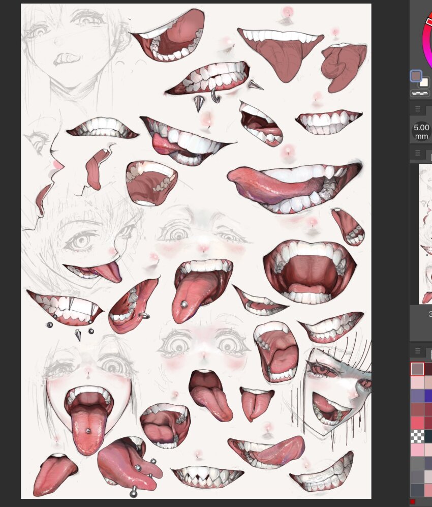 art_study, blush, blutn_bangs, colored_sclera, face_piercing, fangs, forked_tongue, grin, highres, looking_at_viewer, mayamadesu, mouth_focus, mouth_piercing, open_mouth, original, piercing, realistic_teeth, red_sclera, smile, teeth, tongue, tongue_out, tongue_piercing