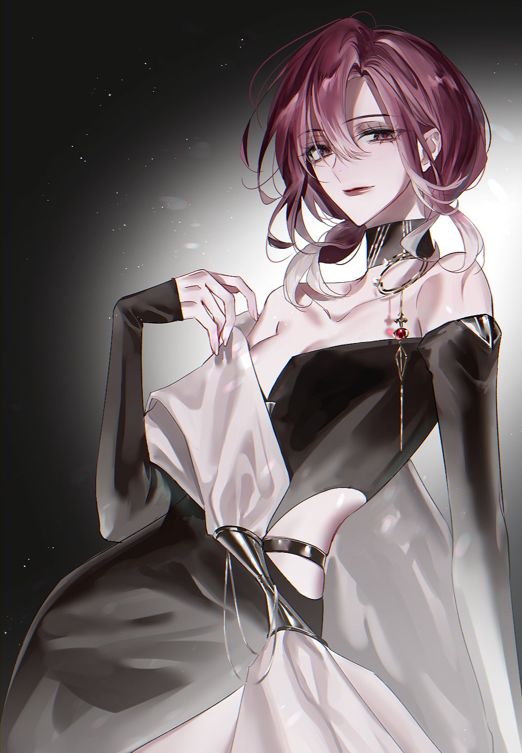 1girl, bare_shoulders, black_background, black_choker, black_dress, breasts, choker, cleavage