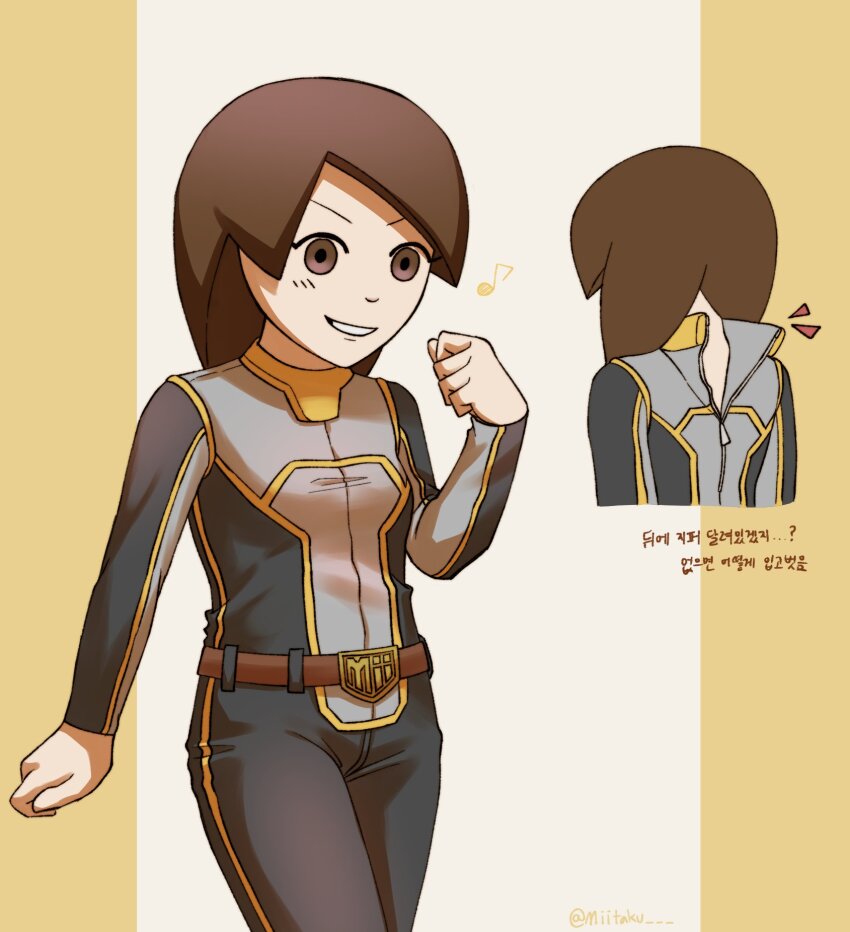 1girl, alternate_costume, animification, belt, blush, bodysuit, breasts, brown_eyes