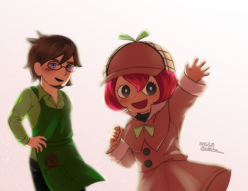 1boy, 1girl, 2girls, :d, apron, black_eyes, blue_eyes, blush